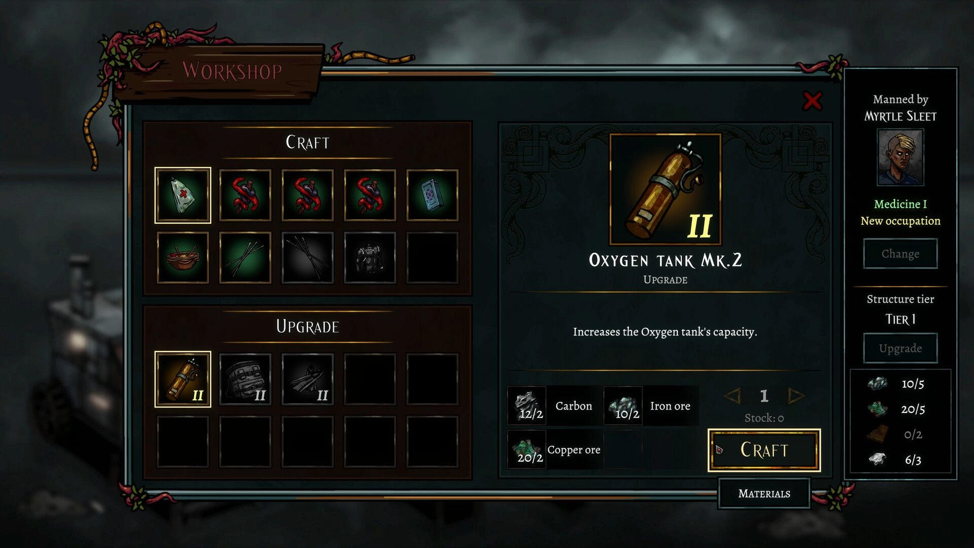 DIVE or DIE Workshop crafting menu upgrading Oxygen Tank Mk.2